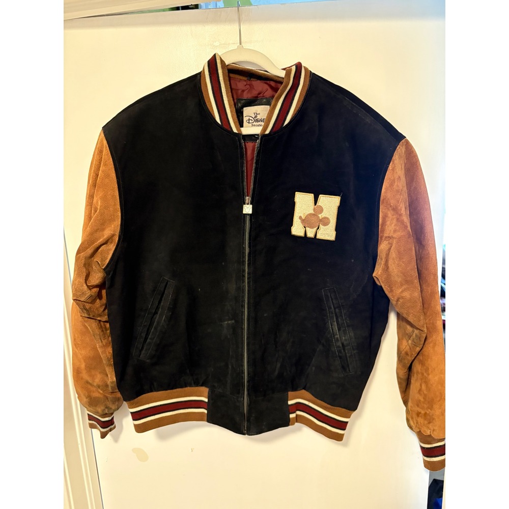 Vintage Disney Store Mickey Mouse Suede Varsity Jacket Black Tan Mens Medium
